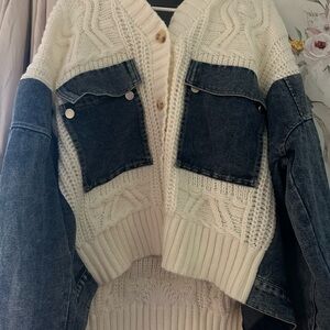 Altar'd State Cream Cable-Knit Cardigan with Dark Denim Pockets
